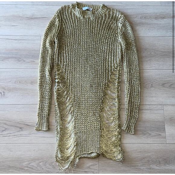 Sandro Distressed Gold Long Sleeve Shirt Dress - Picture 4 of 4